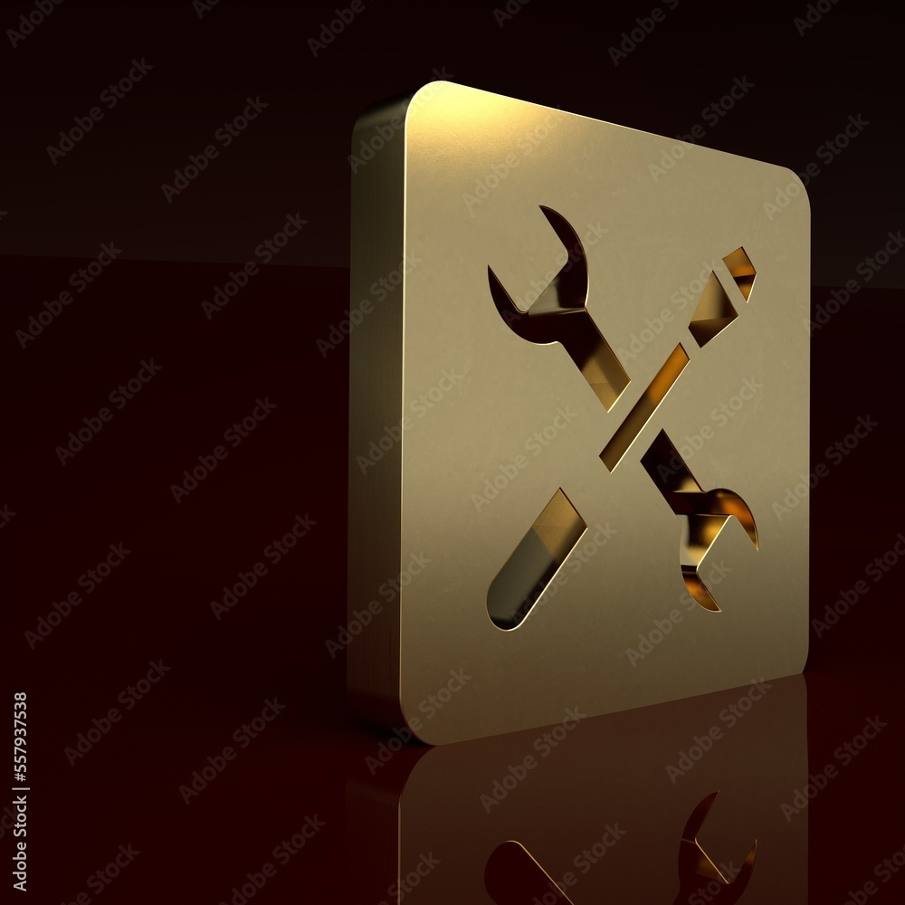 Gold 3D printer setting icon isolated on brown background. 3d printing. Minimalism concept. 3D rende