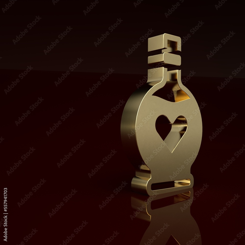 Gold Bottle with love potion icon isolated on brown background. Valentines day symbol. Minimalism co