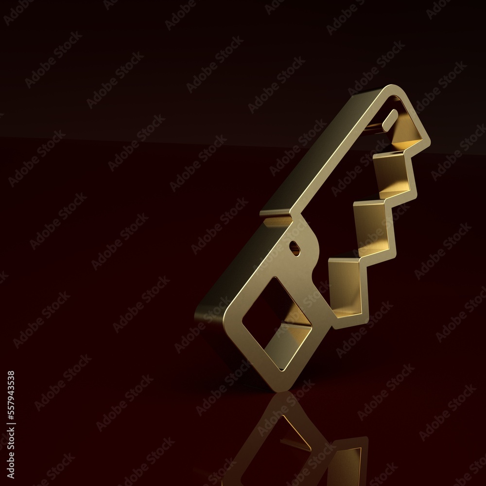 Gold Hand saw icon isolated on brown background. Minimalism concept. 3D render illustration