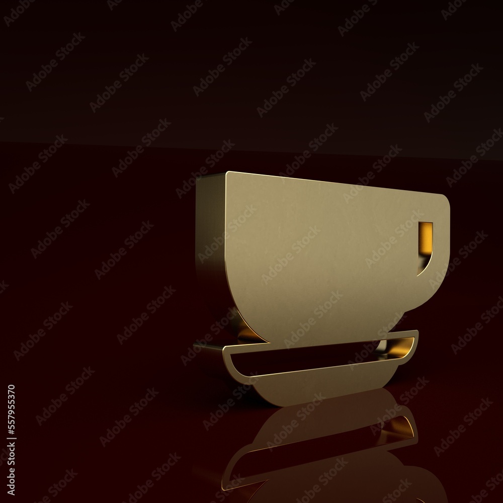 Gold Coffee cup icon isolated on brown background. Tea cup. Hot drink coffee. Minimalism concept. 3D