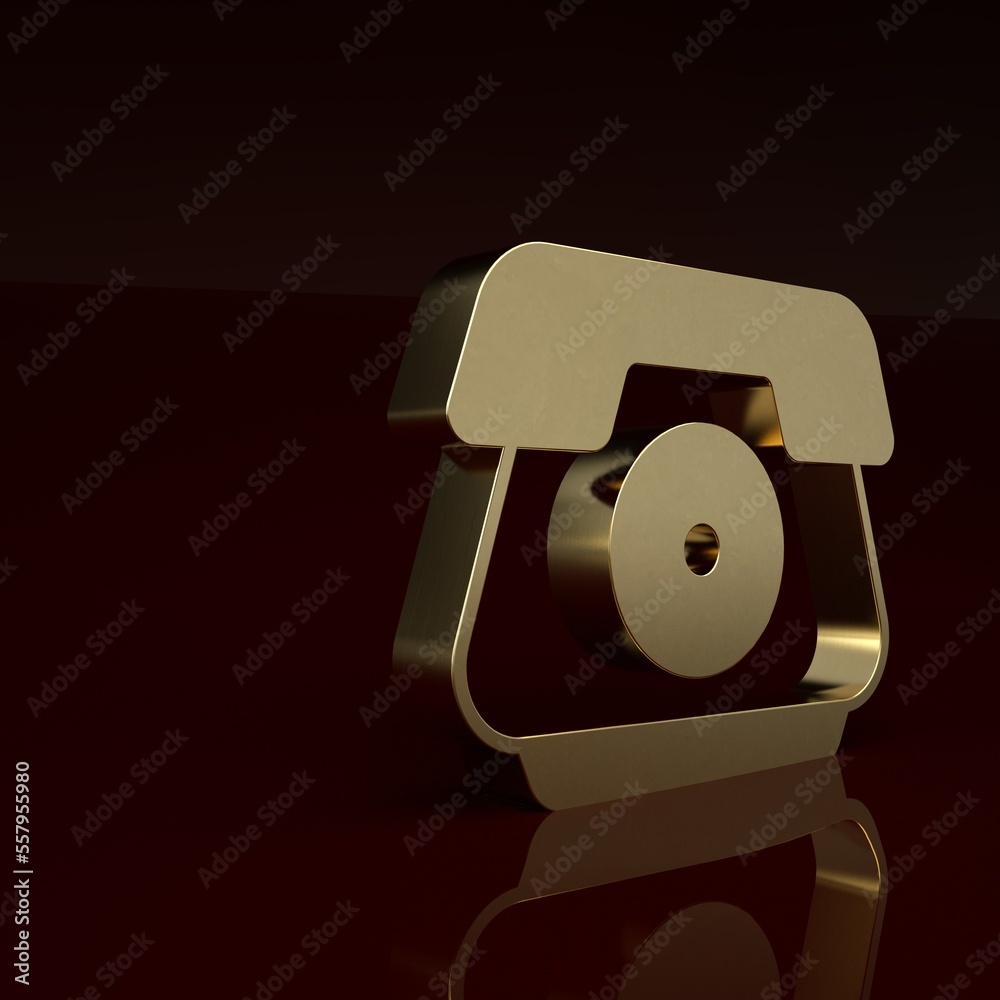 Gold Telephone handset icon isolated on brown background. Phone sign. Minimalism concept. 3D render 