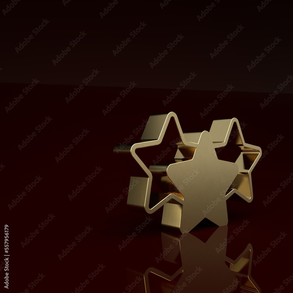 Gold Five stars customer product rating review icon isolated on brown background. Favorite, best rat