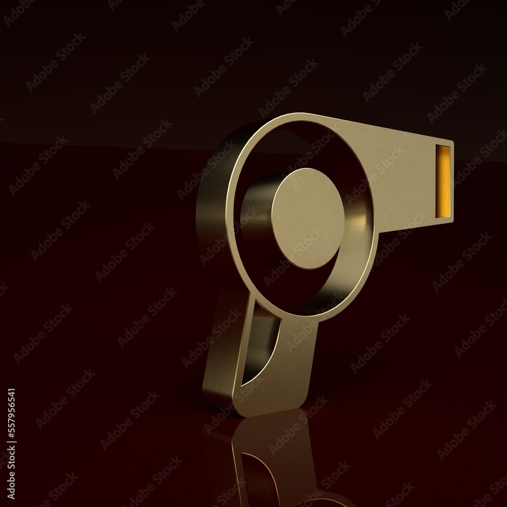 Gold Hair dryer icon isolated on brown background. Hairdryer sign. Hair drying symbol. Blowing hot a