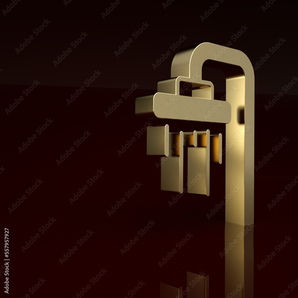 Gold Shower head with water drops flowing icon isolated on brown background. Minimalism concept. 3D 