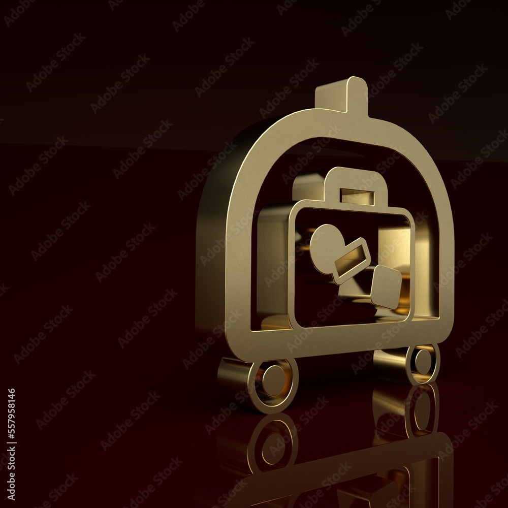 Gold Hotel luggage cart with suitcase icon isolated on brown background. Traveling baggage sign. Tra