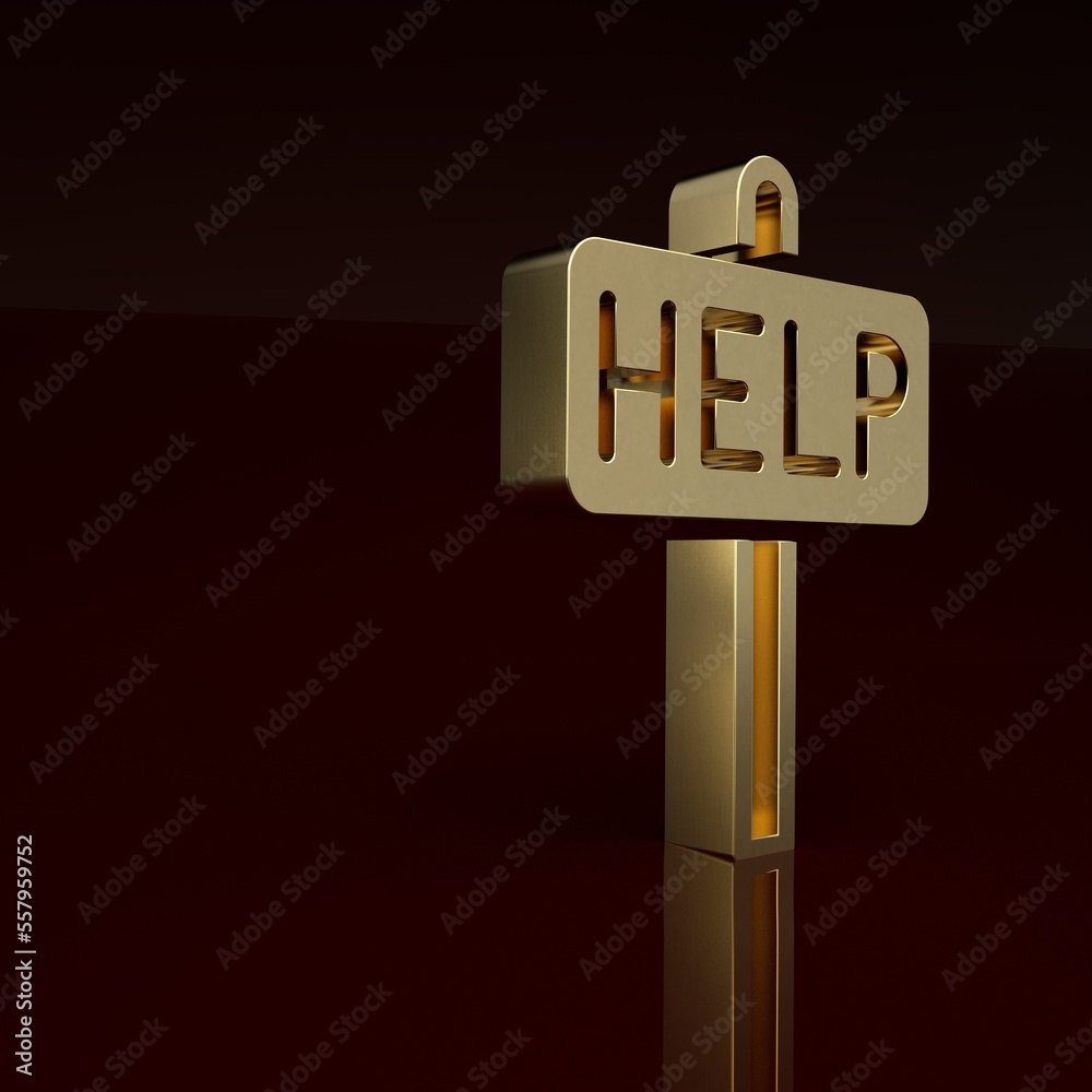 Gold Ask for help text icon isolated on brown background. Minimalism concept. 3D render illustration