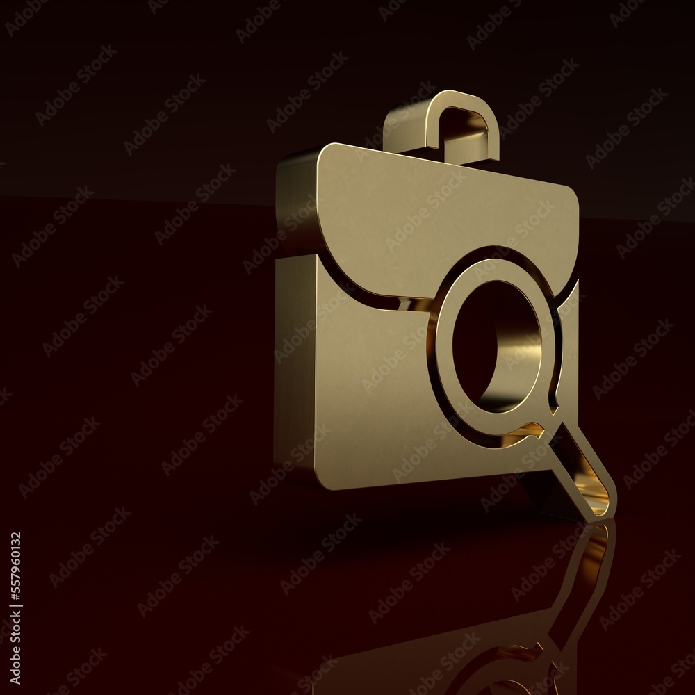 Gold Magnifying glass with briefcase icon isolated on brown background. Job hunting. Work search con