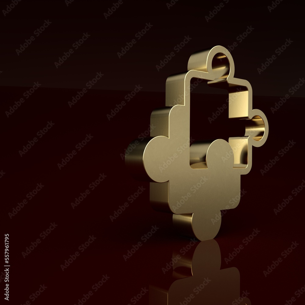 Gold Puzzle pieces toy icon isolated on brown background. Minimalism concept. 3D render illustration