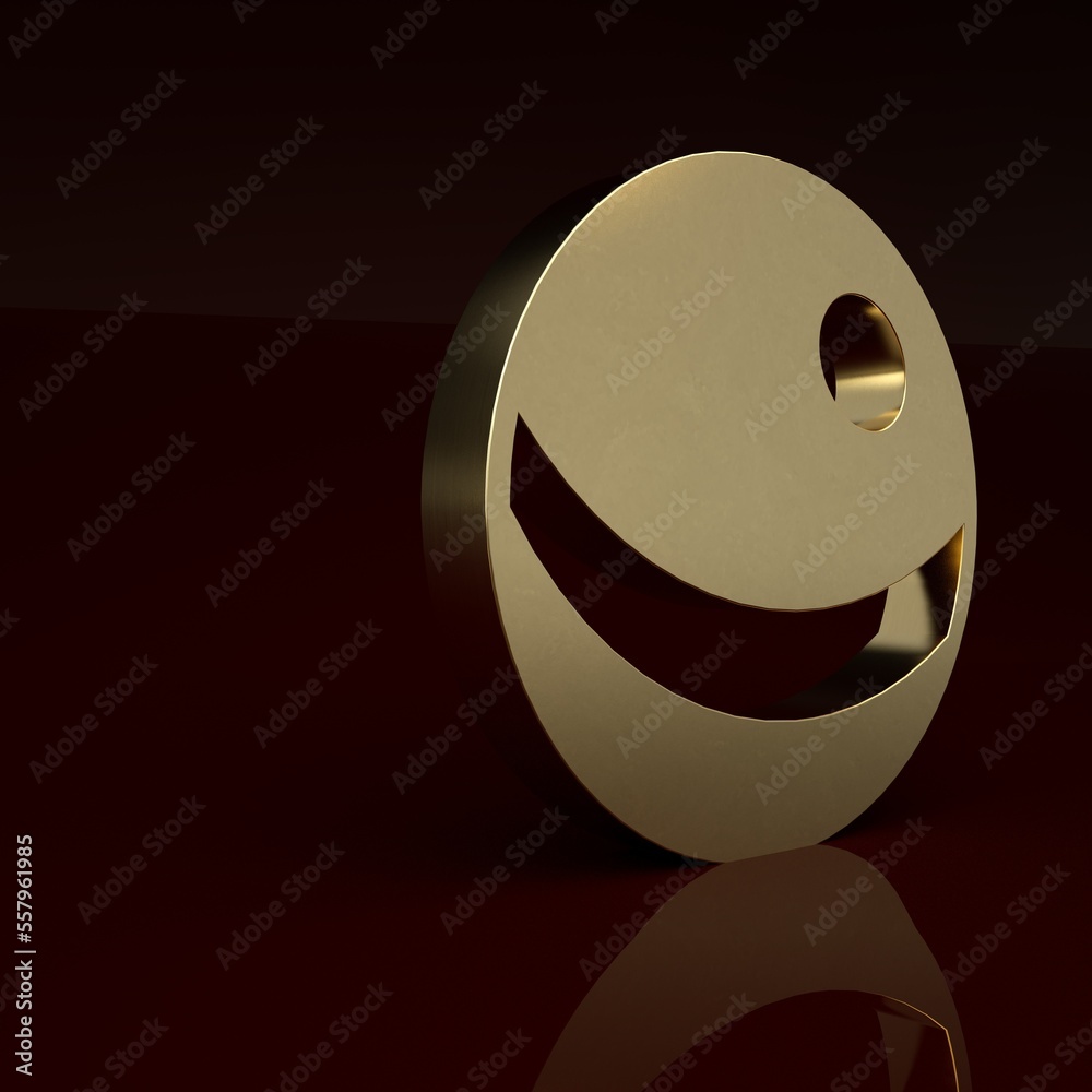 Gold Beach ball icon isolated on brown background. Children toy. Minimalism concept. 3D render illus