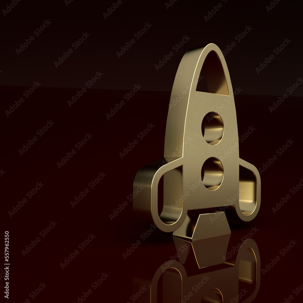 Gold Rocket ship toy icon isolated on brown background. Space travel. Minimalism concept. 3D render 