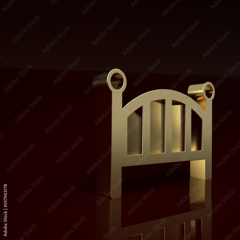 Gold Baby crib cradle bed icon isolated on brown background. Minimalism concept. 3D render illustrat