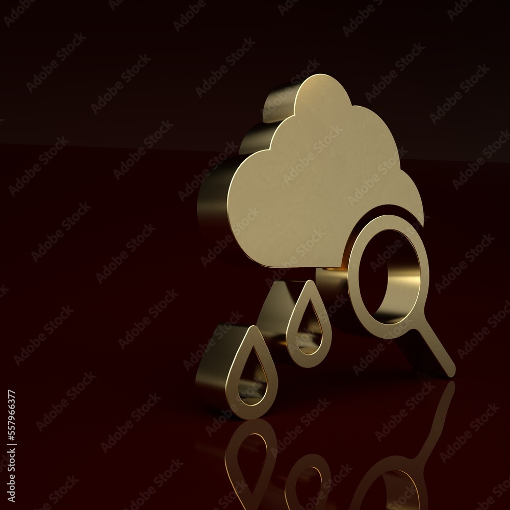 Gold Cloud with rain icon isolated on brown background. Rain cloud precipitation with rain drops. Mi