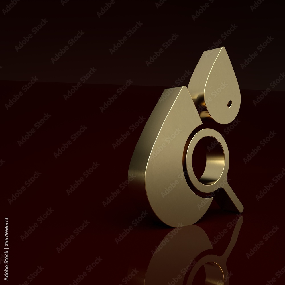 Gold Drop and magnifying glass icon isolated on brown background. Minimalism concept. 3D render illu