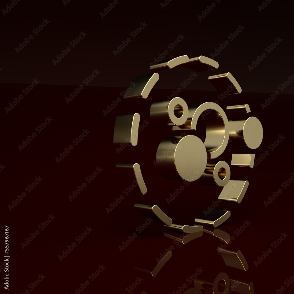 Gold Atom icon isolated on brown background. Symbol of science, education, nuclear physics, scientif