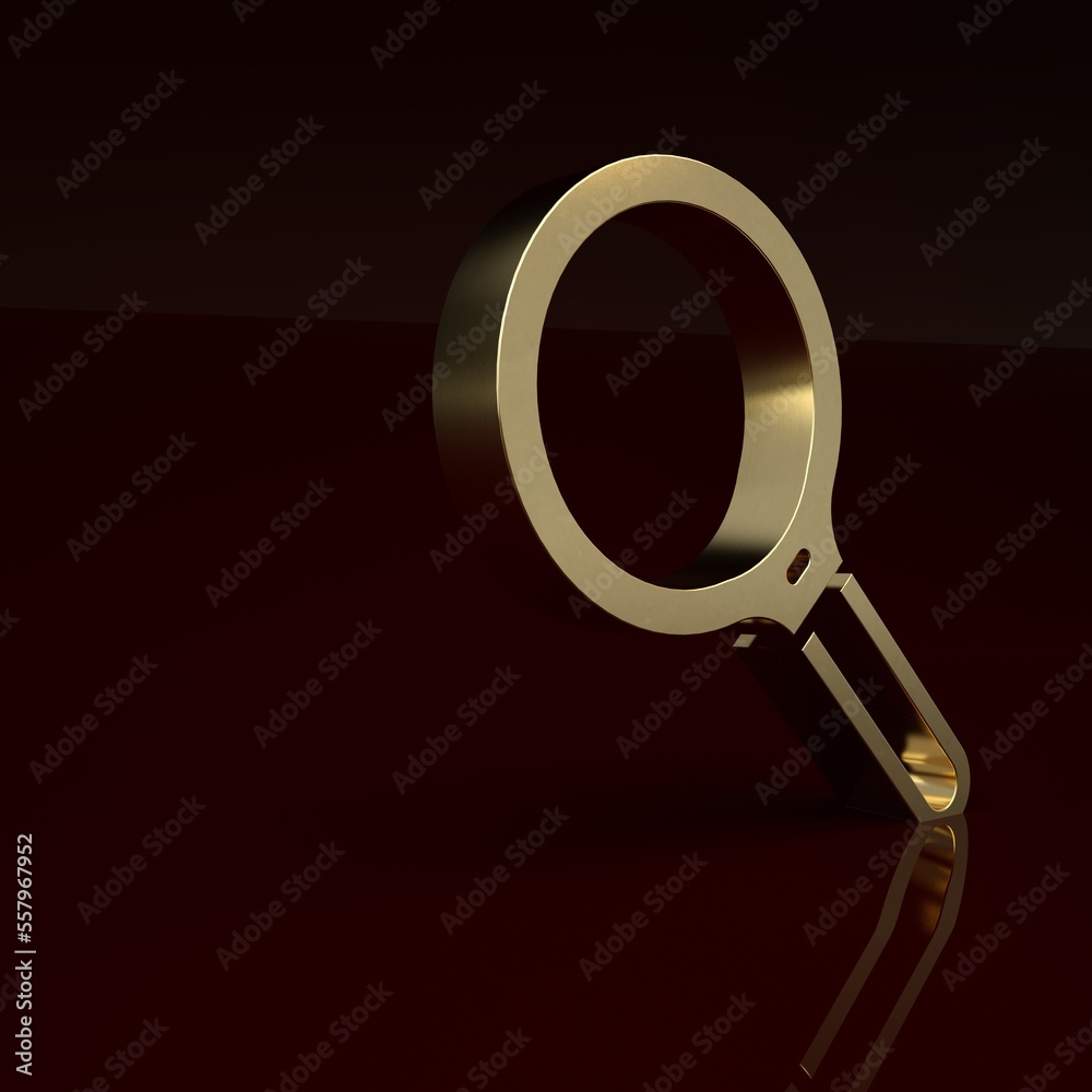 Gold Magnifying glass icon isolated on brown background. Search, focus, zoom, business symbol. Minim