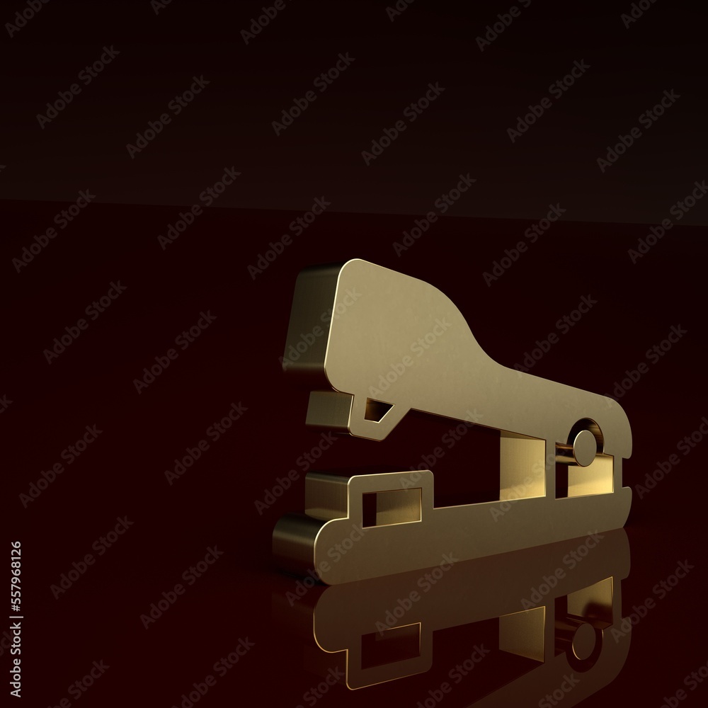 Gold Office stapler icon isolated on brown background. Stapler, staple, paper, cardboard, office equ