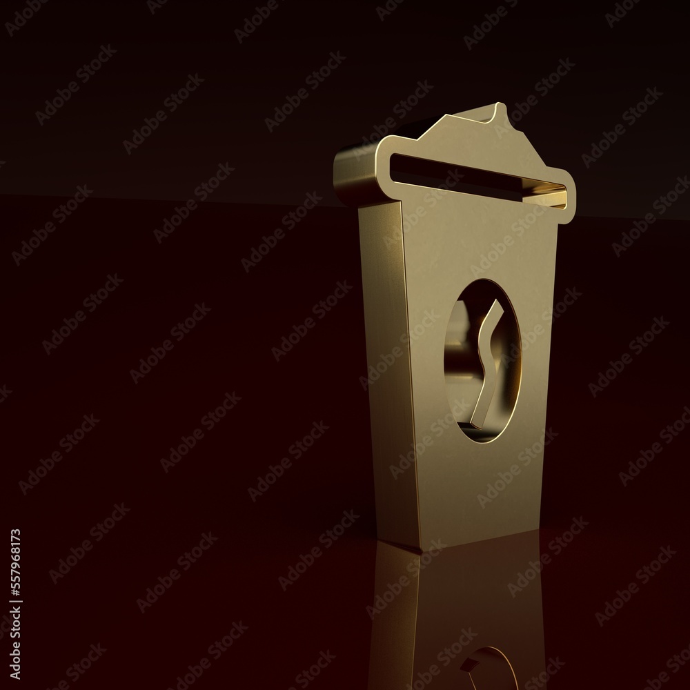 Gold Coffee cup to go icon isolated on brown background. Minimalism concept. 3D render illustration