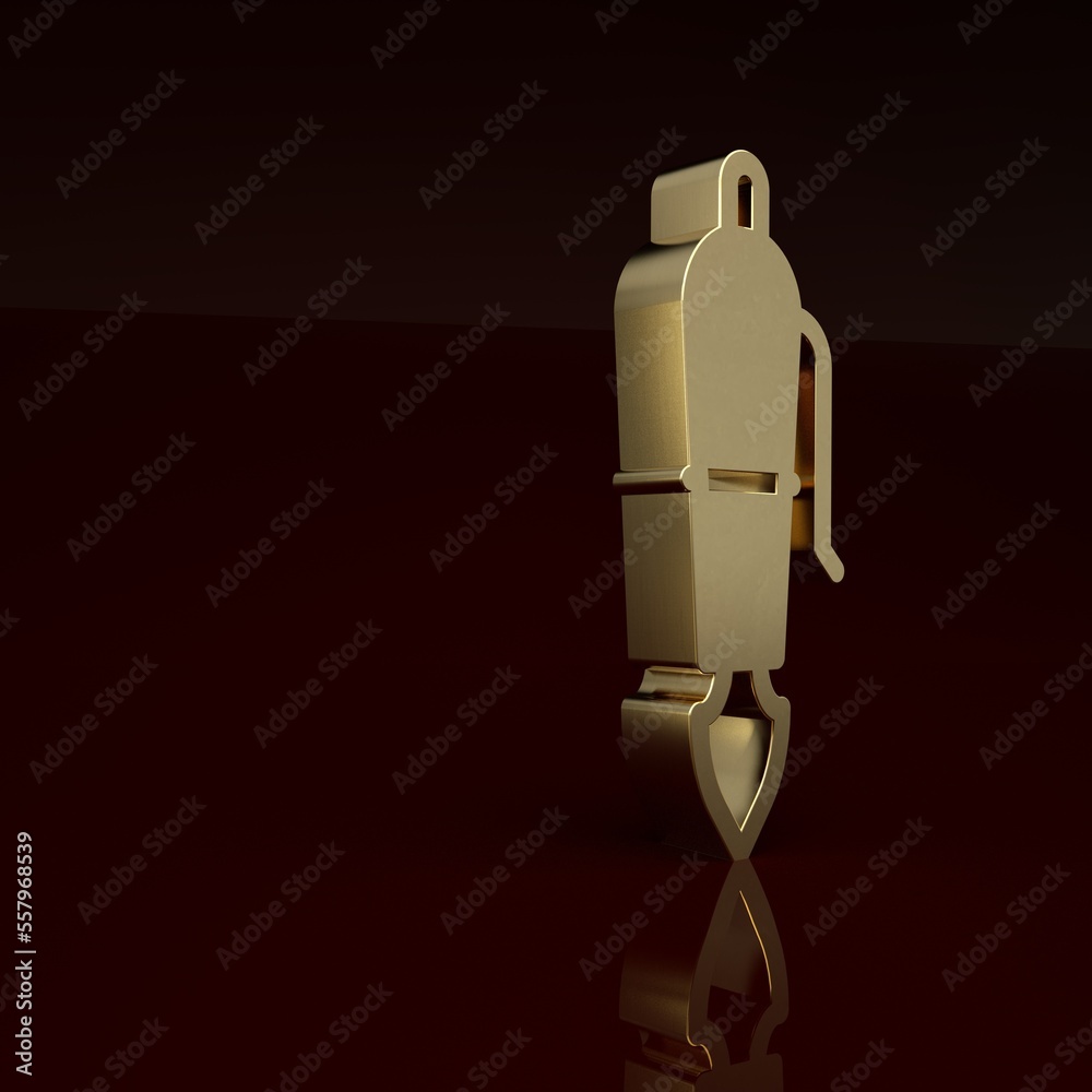 Gold Fountain pen nib icon isolated on brown background. Pen tool sign. Minimalism concept. 3D rende