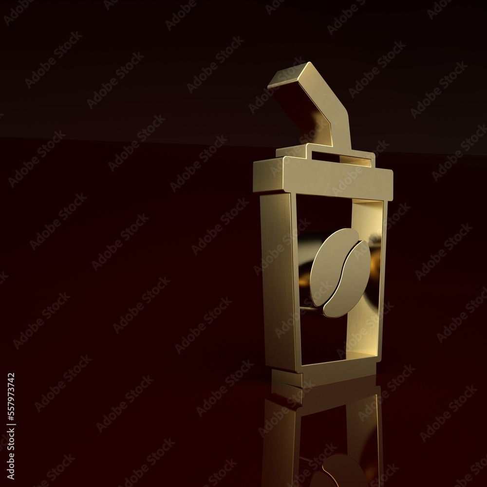 Gold Coffee cup to go icon isolated on brown background. Minimalism concept. 3D render illustration