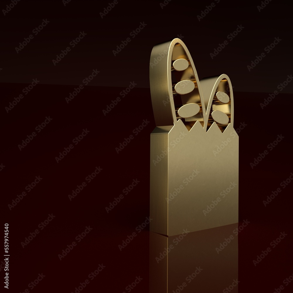 Gold French baguette bread icon isolated on brown background. Minimalism concept. 3D render illustra