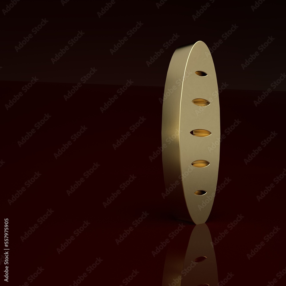 Gold French baguette bread icon isolated on brown background. Minimalism concept. 3D render illustra