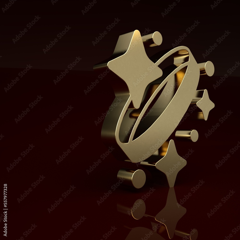 Gold Diamond engagement ring icon isolated on brown background. Minimalism concept. 3D render illust