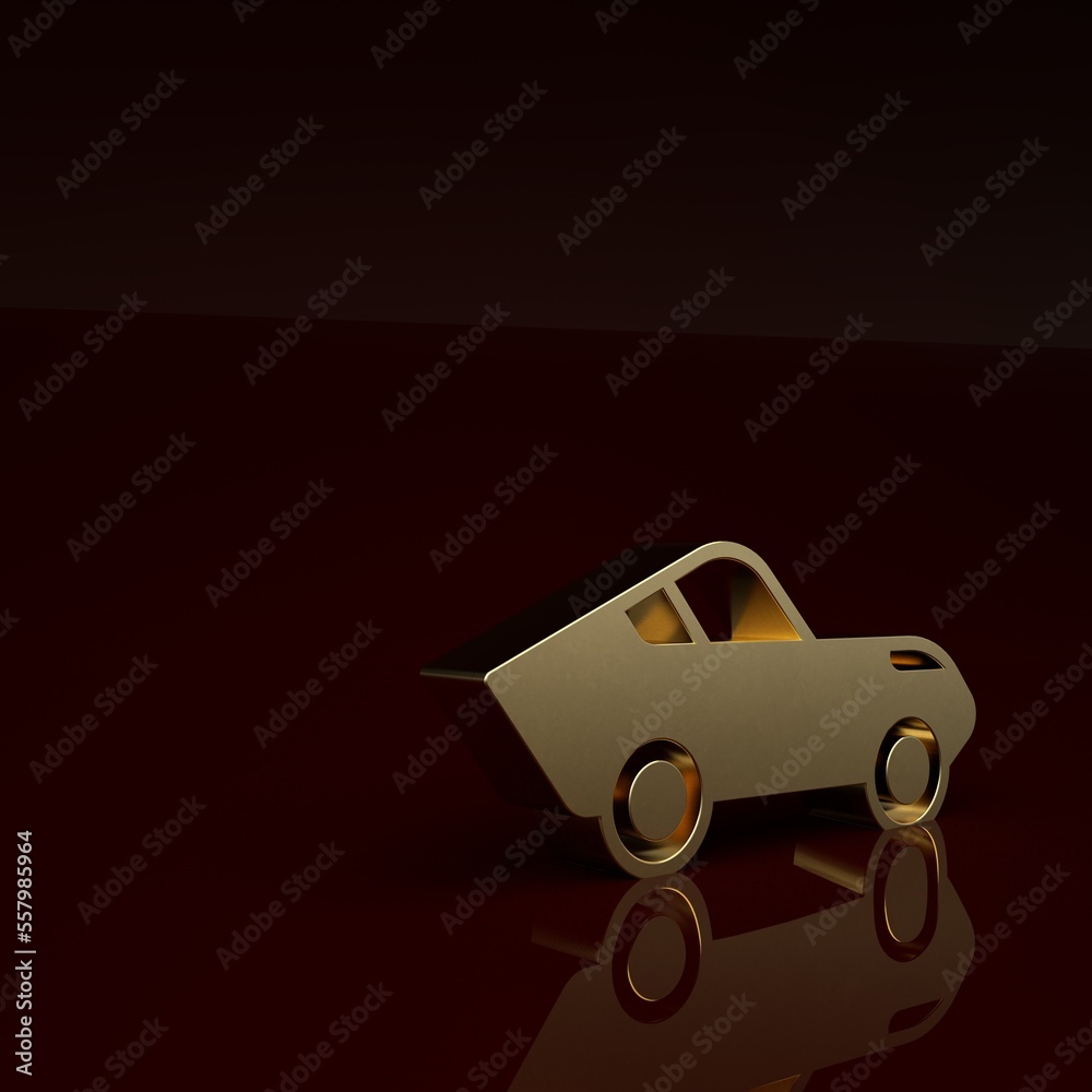 Gold Car icon isolated on brown background. Minimalism concept. 3D render illustration