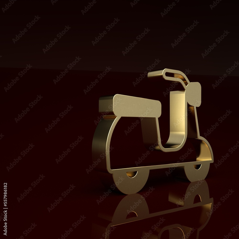 Gold Scooter icon isolated on brown background. Minimalism concept. 3D render illustration