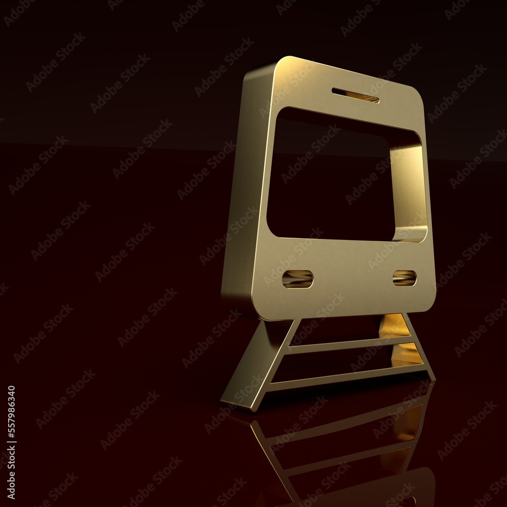 Gold Train and railway icon isolated on brown background. Public transportation symbol. Subway train