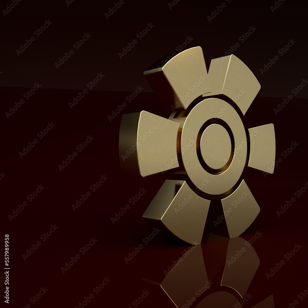 Gold Sun icon isolated on brown background. Minimalism concept. 3D render illustration