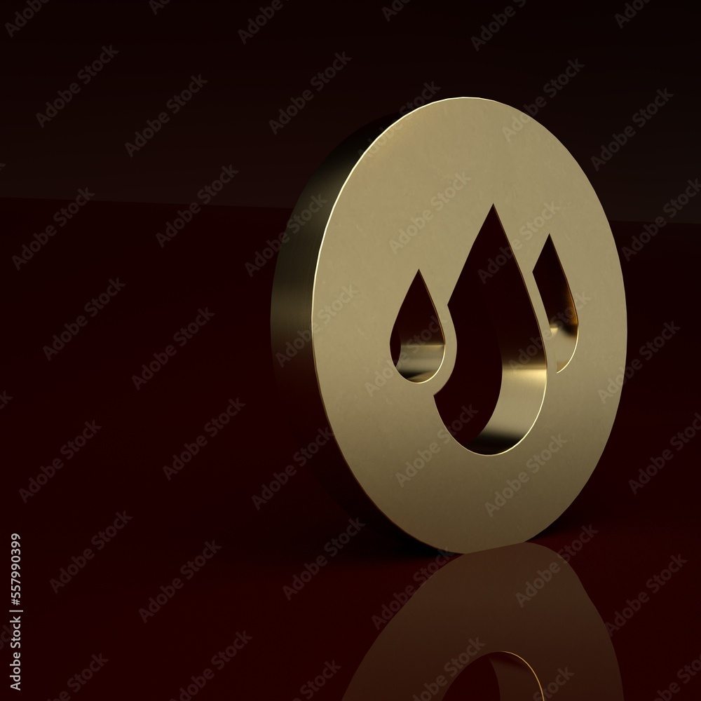 Gold Water drop icon isolated on brown background. Minimalism concept. 3D render illustration