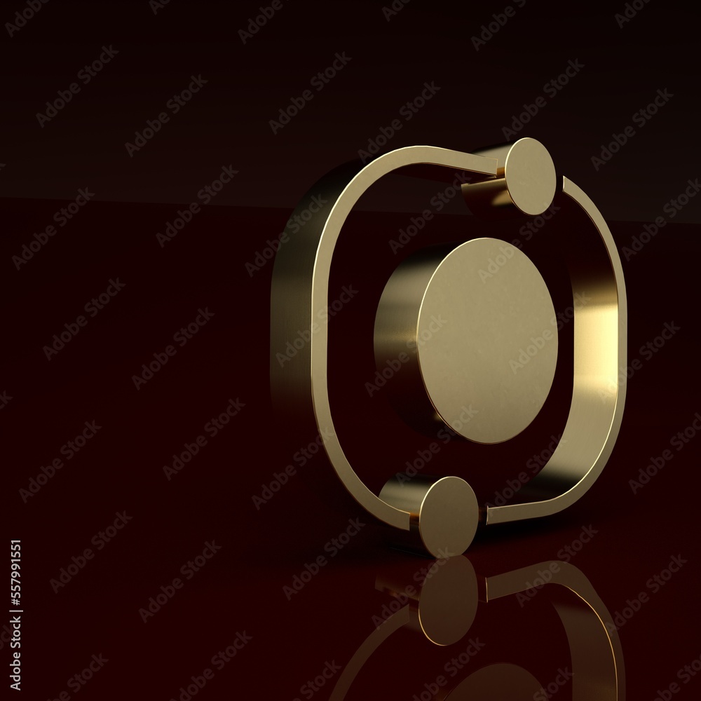 Gold Solar system icon isolated on brown background. The planets revolve around the star. Minimalism