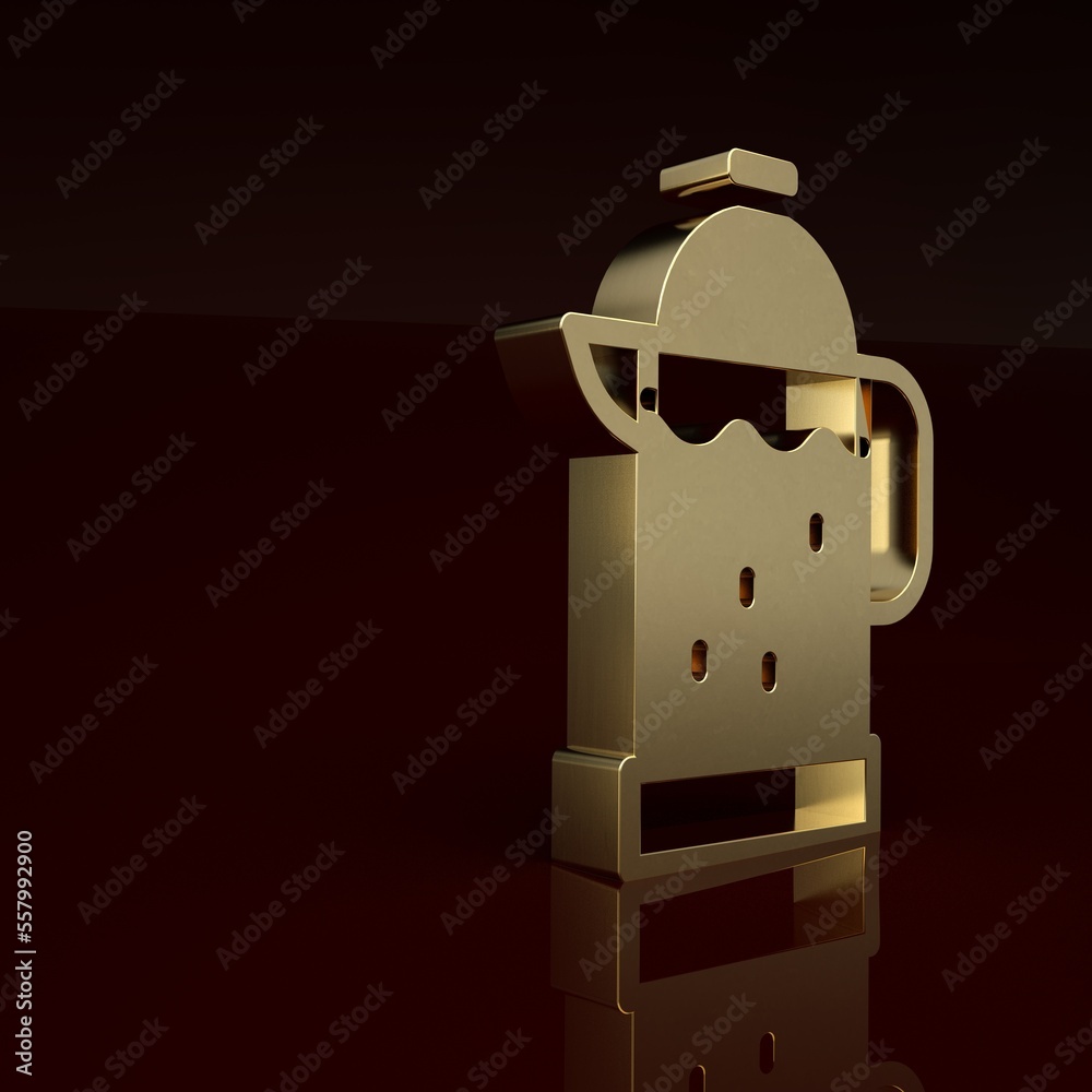 Gold French press icon isolated on brown background. Minimalism concept. 3D render illustration