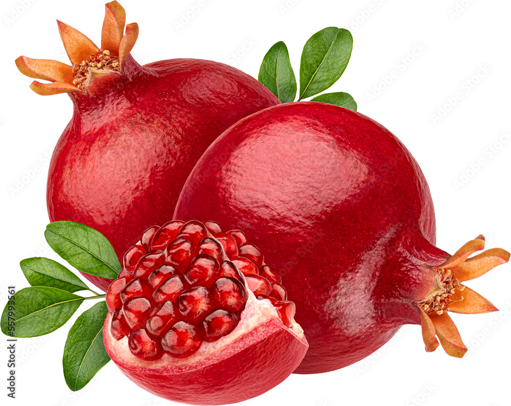 Pomegranate fruit with leaves isolated