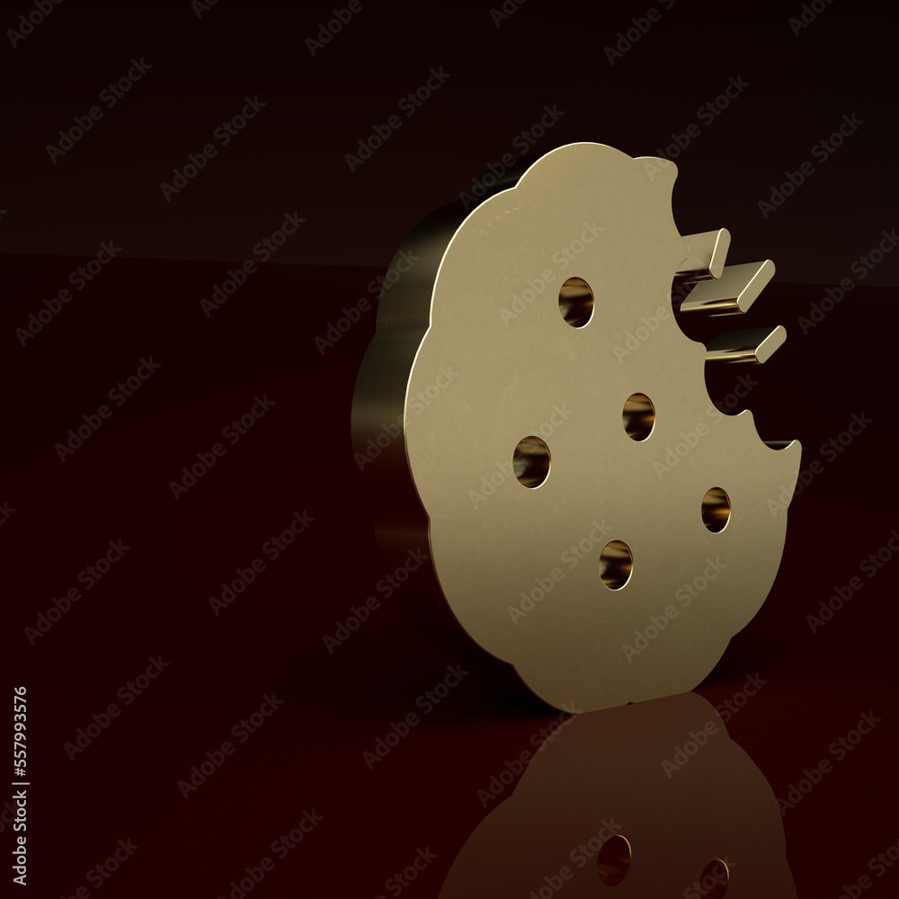 Gold Cookie or biscuit with chocolate icon isolated on brown background. Minimalism concept. 3D rend