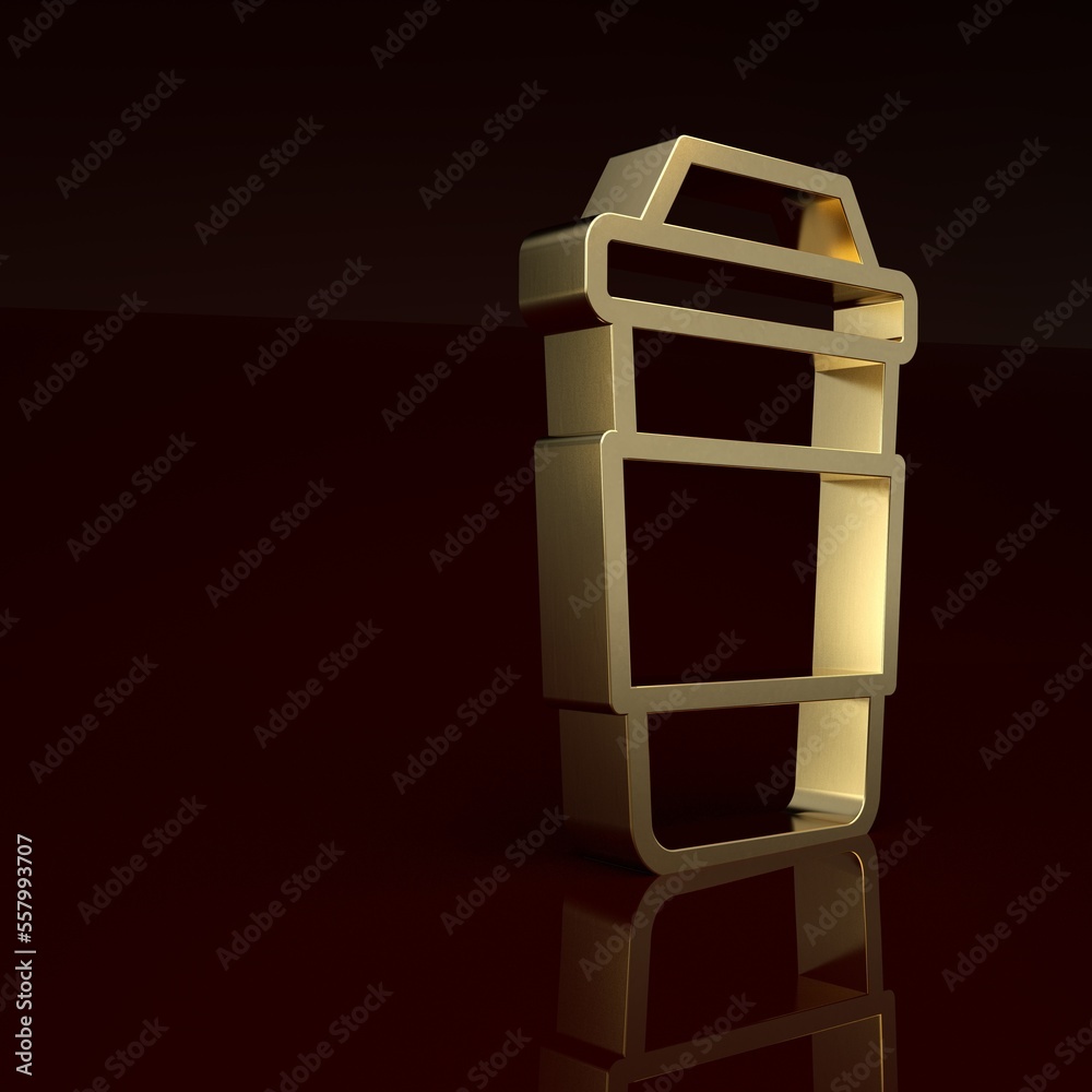 Gold Cup of tea icon isolated on brown background. Minimalism concept. 3D render illustration