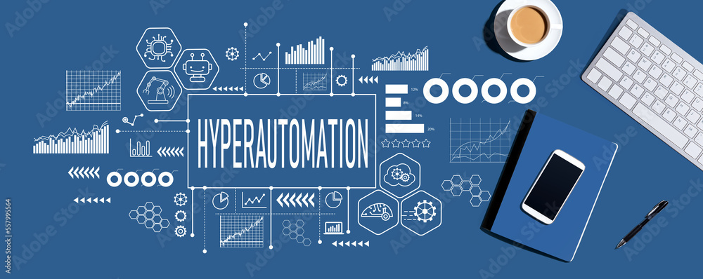 Hyperautomation theme with a computer keyboard and office items