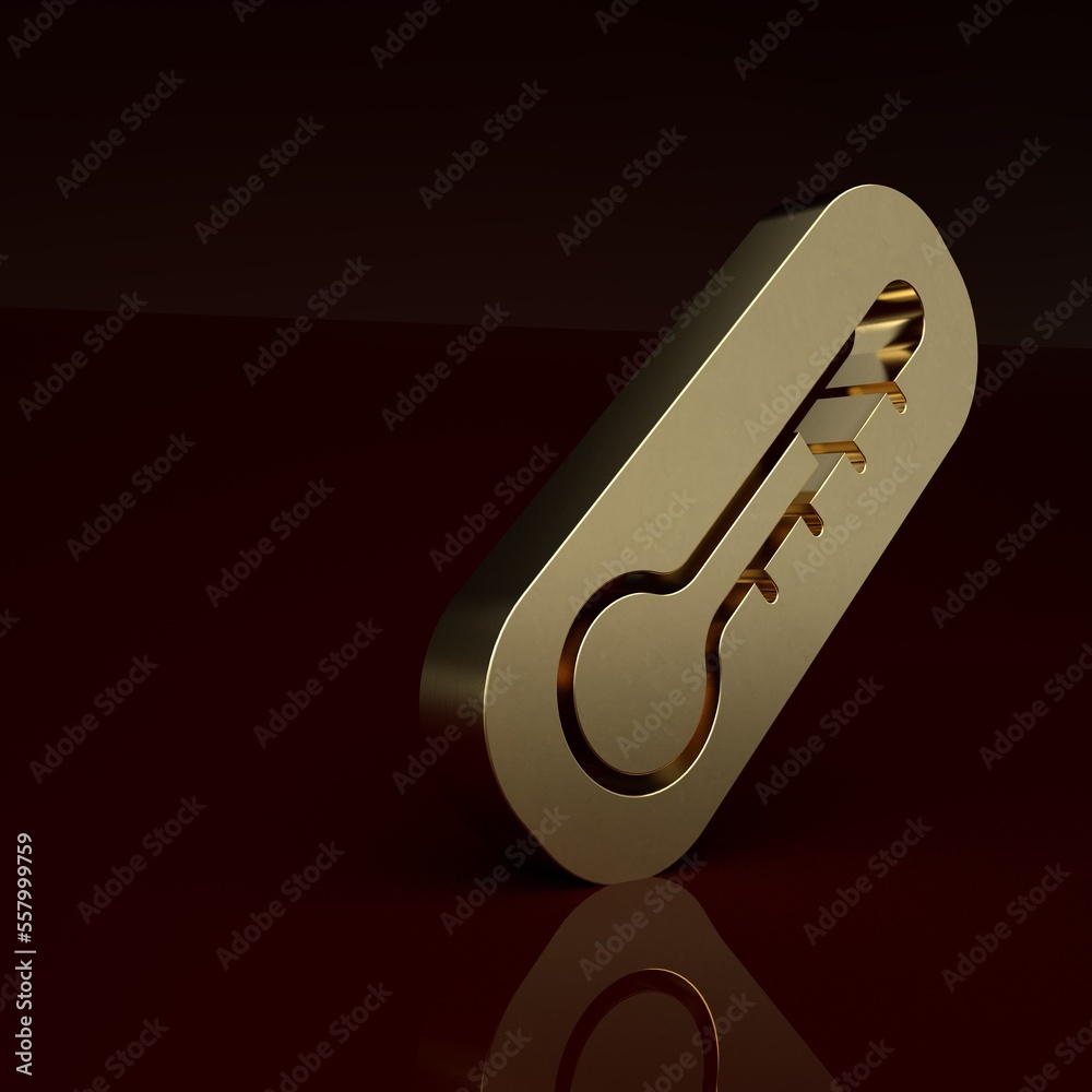 Gold Meteorology thermometer measuring heat and cold icon isolated on brown background. Thermometer 