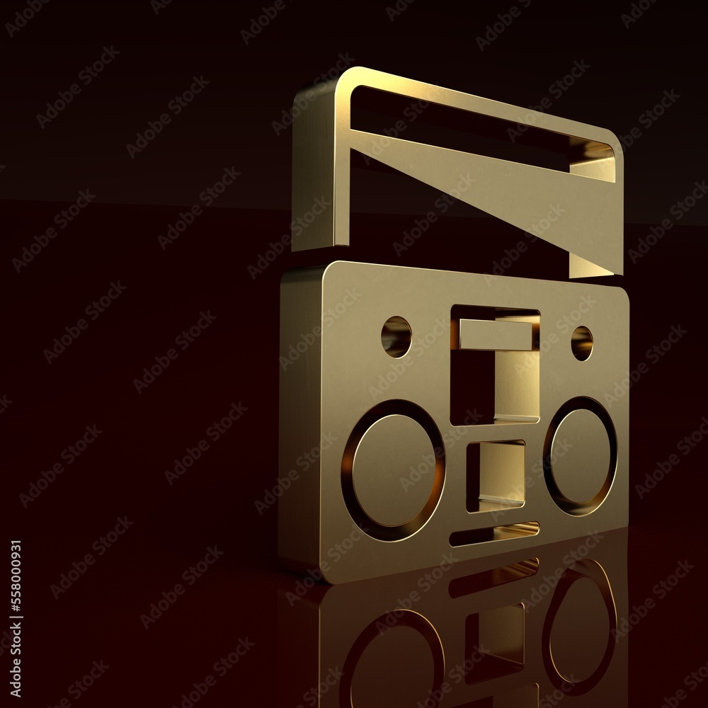 Gold Home stereo with two speakers icon isolated on brown background. Music system. Minimalism conce