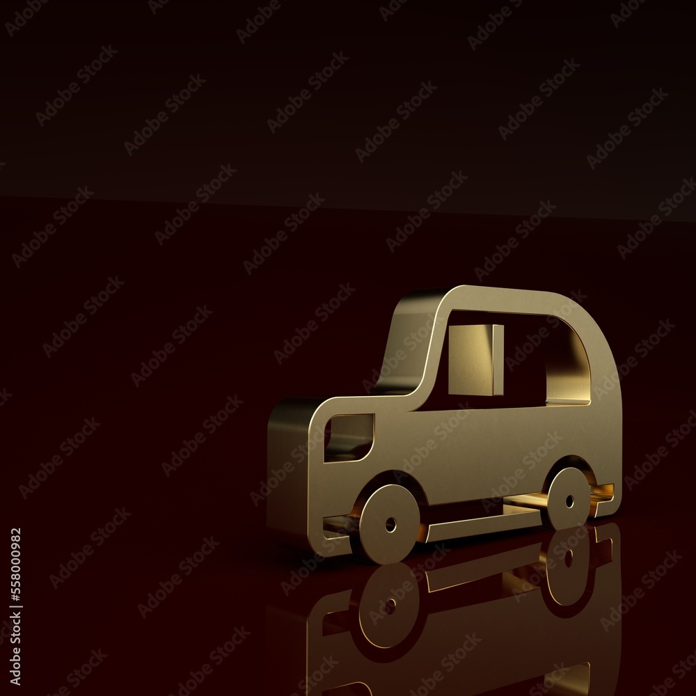 Gold Car icon isolated on brown background. Minimalism concept. 3D render illustration