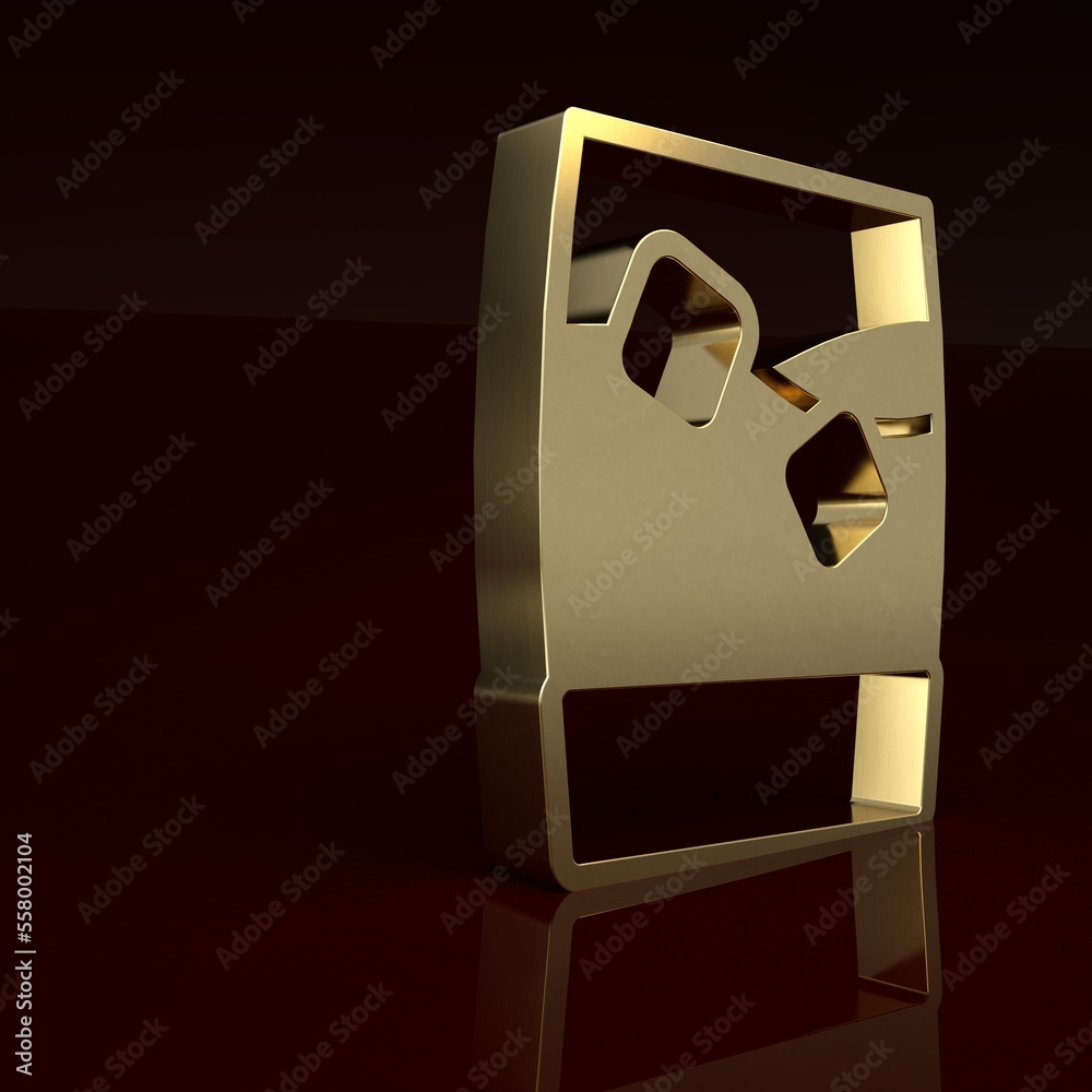 Gold Glass of whiskey with ice cubes icon isolated on brown background. Minimalism concept. 3D rende