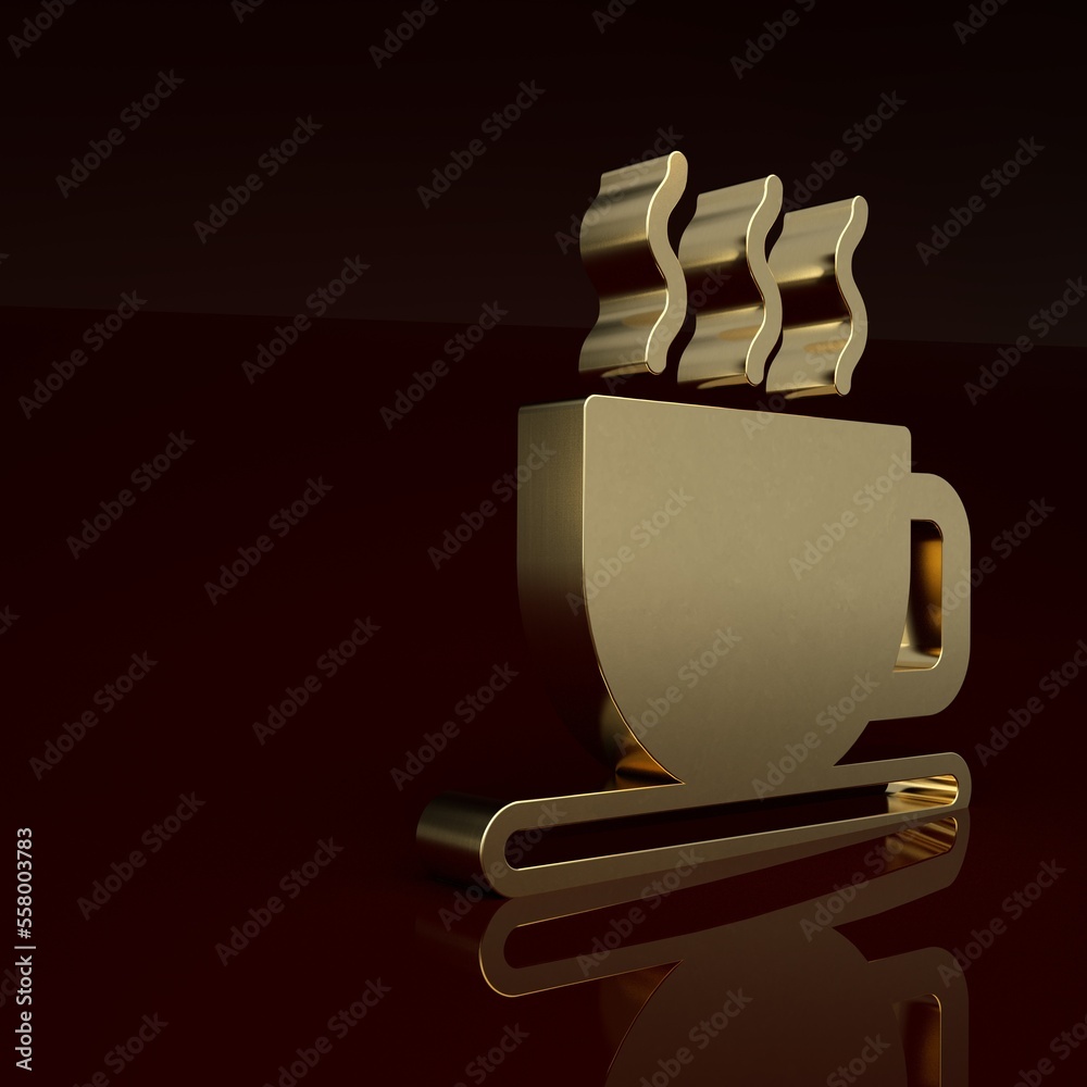 Gold Cup of tea icon isolated on brown background. Minimalism concept. 3D render illustration