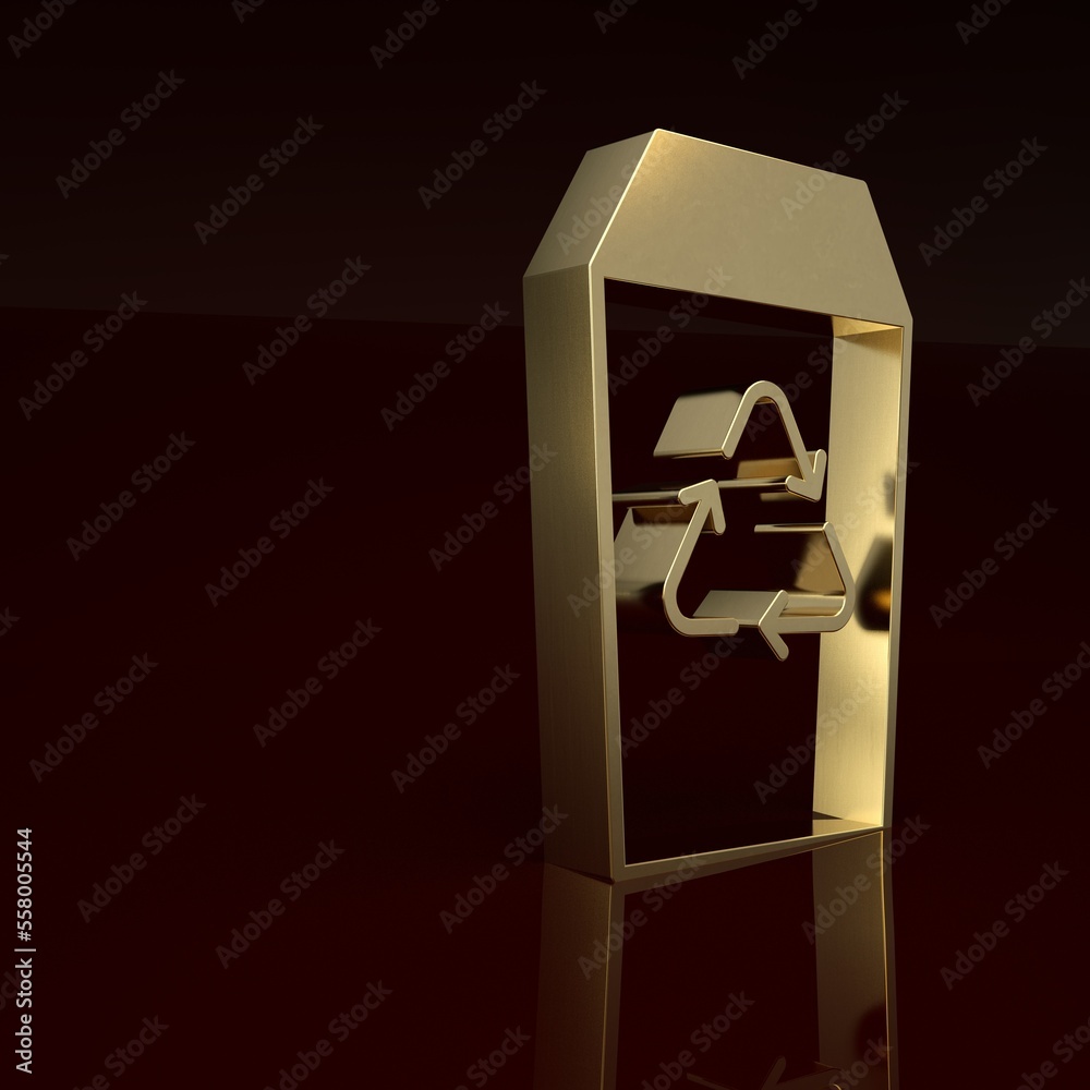 Gold Recycle bin with recycle symbol icon isolated on brown background. Trash can icon. Garbage bin 