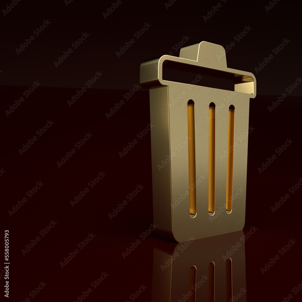 Gold Trash can icon isolated on brown background. Garbage bin sign. Recycle basket icon. Office tras