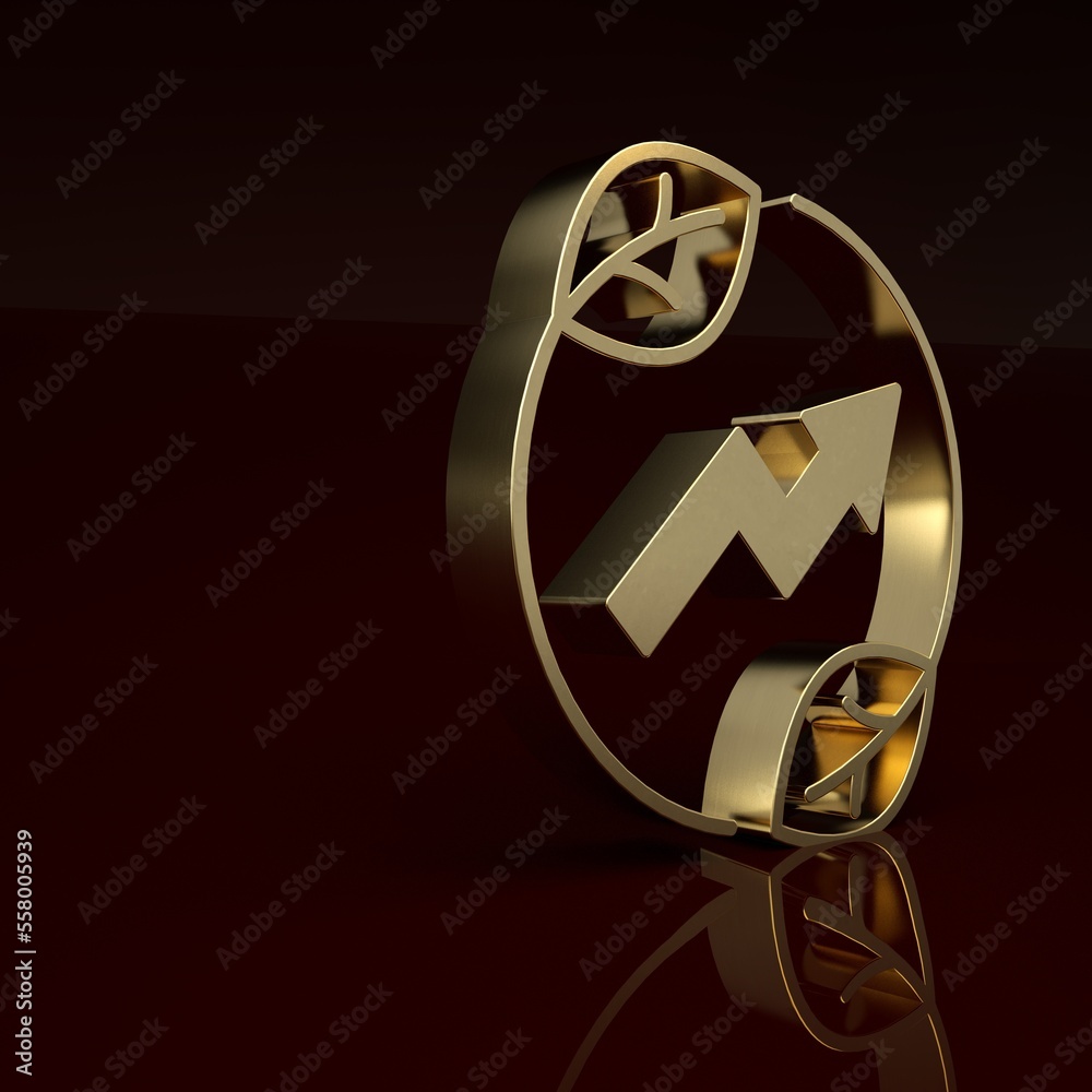 Gold Electric saving plug in leaf icon isolated on brown background. Save energy electricity. Enviro