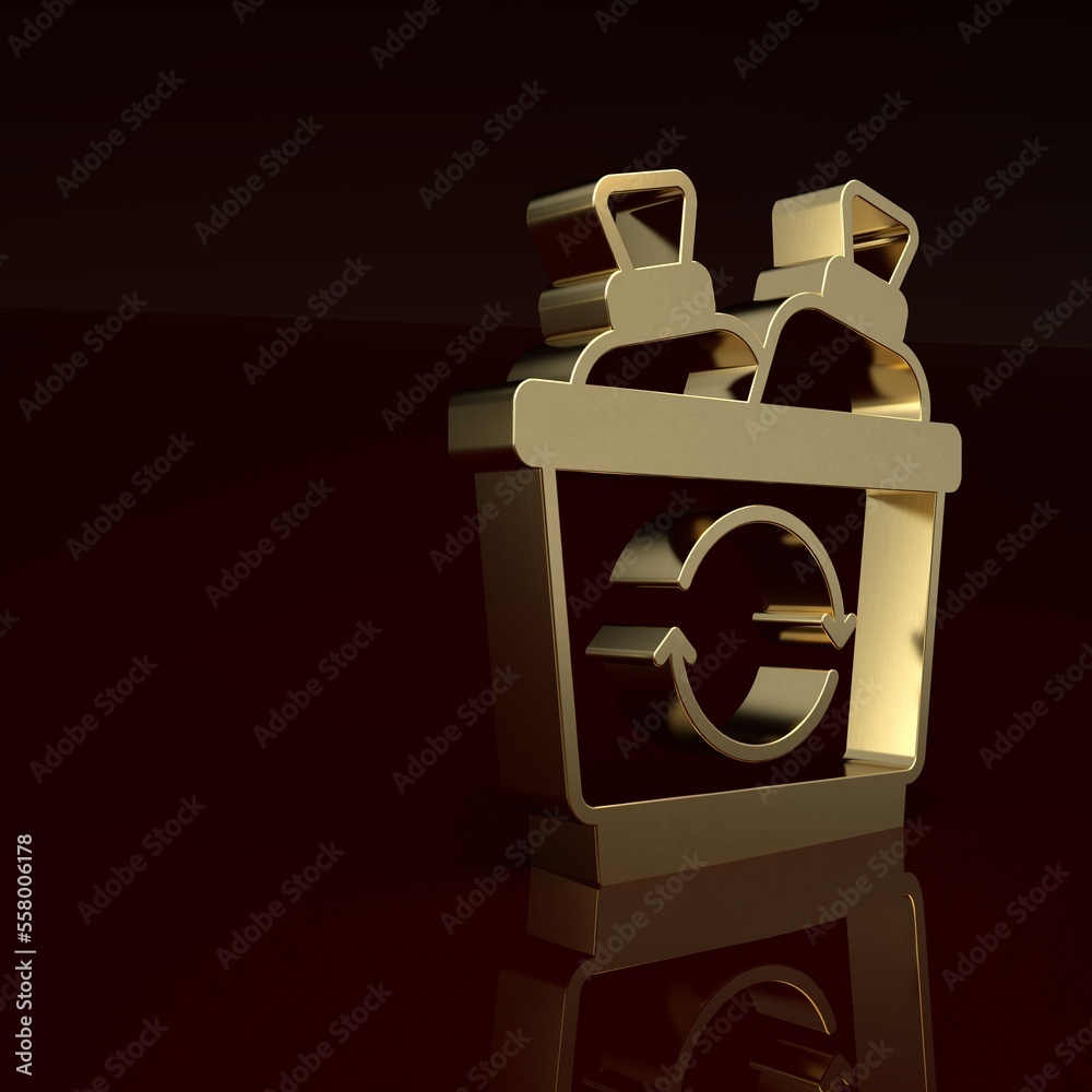 Gold Recycle bin with recycle symbol icon isolated on brown background. Trash can icon. Garbage bin 