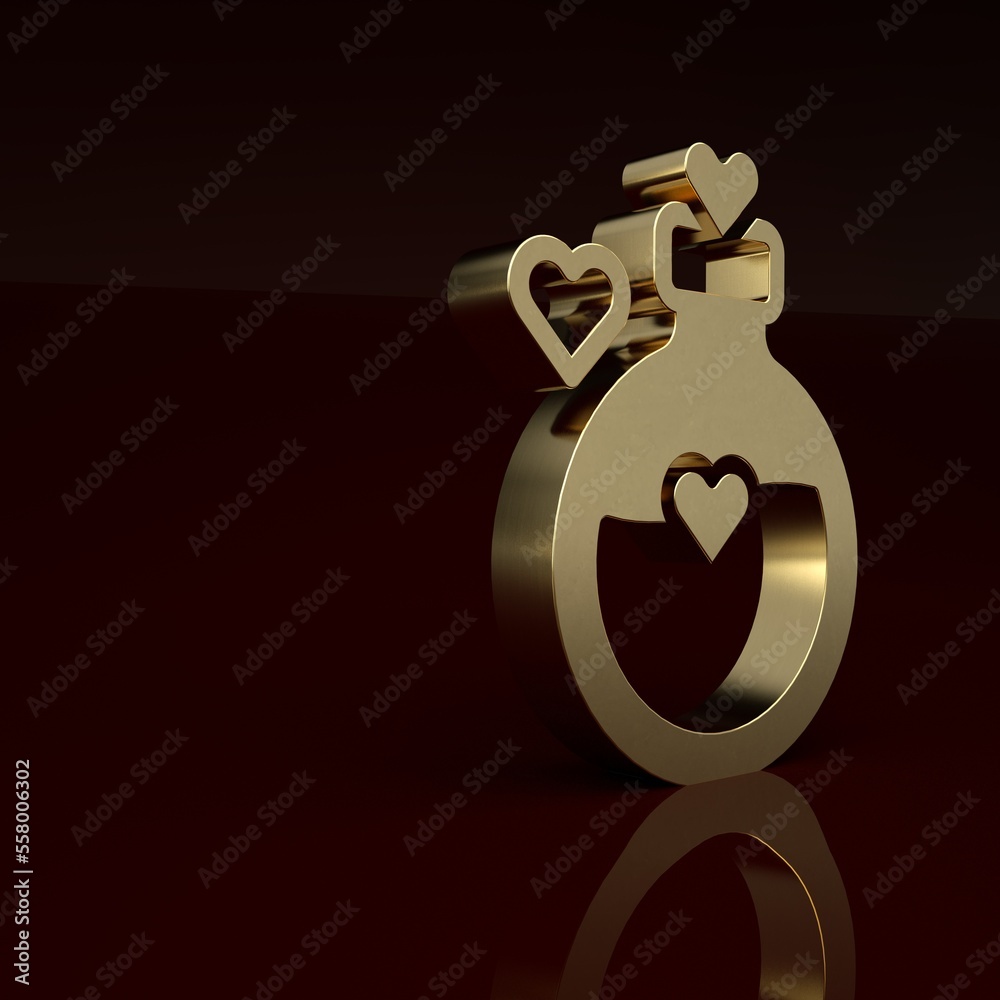 Gold Bottle with love potion icon isolated on brown background. Happy Valentines day. Minimalism con