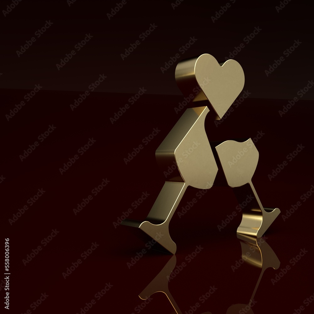 Gold Glass of champagne icon isolated on brown background. Happy Valentines day. Minimalism concept.