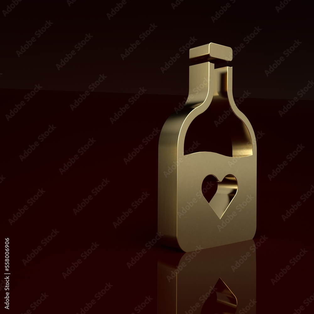 Gold Bottle with love potion icon isolated on brown background. Happy Valentines day. Minimalism con