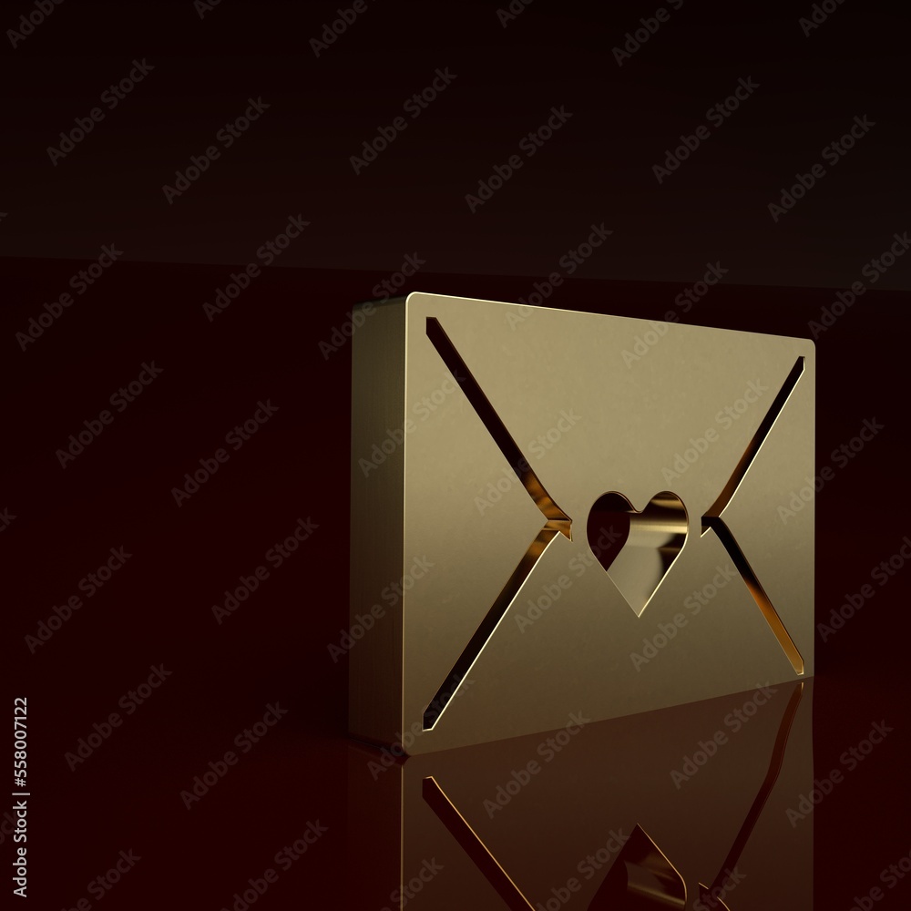 Gold Envelope with Valentine heart icon isolated on brown background. Message love. Letter love and 